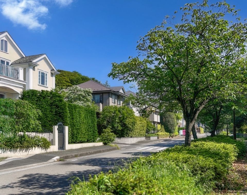 住宅街に並ぶ庭木や生垣が整った緑豊かな街並み